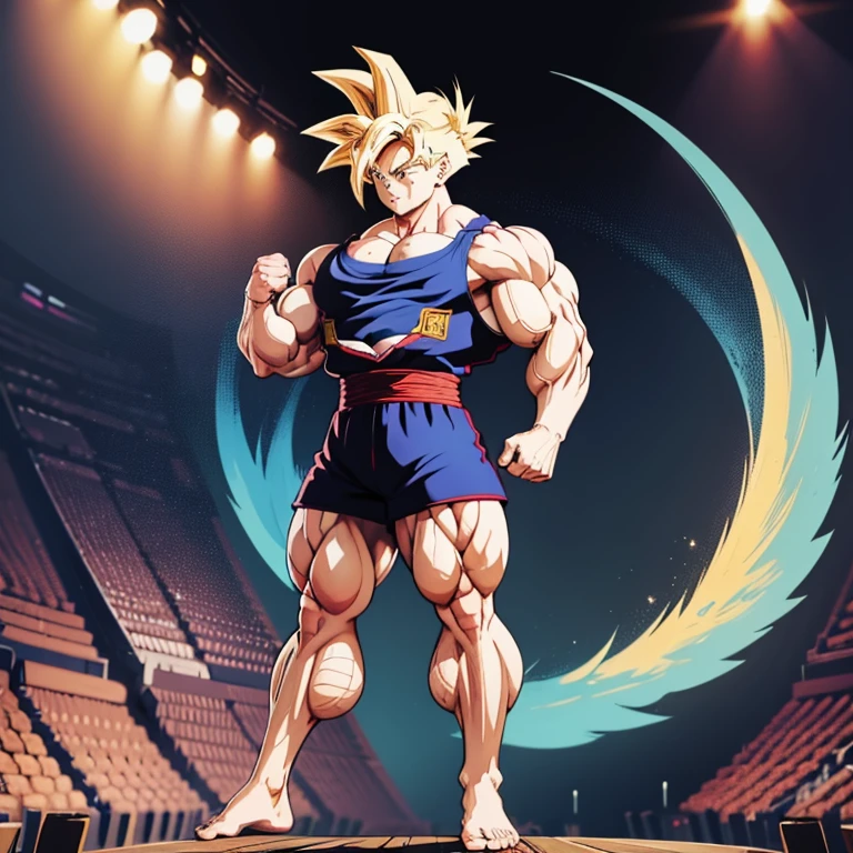 Anime-Stil , High quality full body image of Goku as a bodybuilder, Er'Ich trage nur einen Tanga , ohne Schuhe, Feet, bare Feet, massive muscular body, huge muscular shoulders, Massive big biceps, Venen im Bizeps, Muskelbeine, massive muscular abs, Bizepsflex. posierend, Sie schwitzt, very muscular, The toned body shines in the spotlight, he is standing on a stage, much muscular sexy, Bodybuilding-Pose