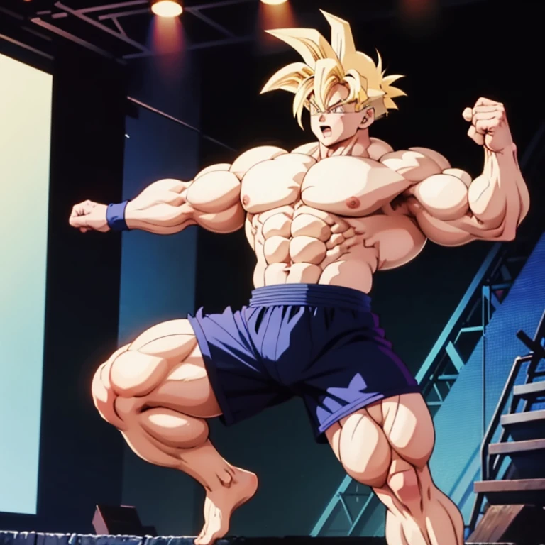 Anime-Stil , High quality full body image of Goku as a bodybuilder, Er&#39;Ich trage nur einen Tanga , ohne Schuhe, Feet, bare Feet, massive muscular body, huge muscular shoulders, Massive big biceps, Venen im Bizeps, Muskelbeine, massive muscular abs, Bizepsflex. posierend, Sie schwitzt, very muscular, The toned body shines in the spotlight, he is standing on a stage, much muscular sexy, Bodybuilding-Pose