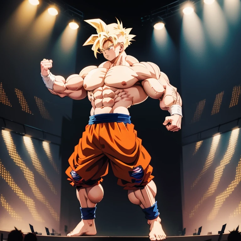 Anime-Stil , High quality full body image of Goku as a bodybuilder, Er&#39;Ich trage nur einen Tanga , ohne Schuhe, Feet, bare Feet, massive muscular body, huge muscular shoulders, Massive big biceps, Venen im Bizeps, Muskelbeine, massive muscular abs, Bizepsflex. posierend, Sie schwitzt, very muscular, The toned body shines in the spotlight, he is standing on a stage, much muscular sexy, Bodybuilding-Pose