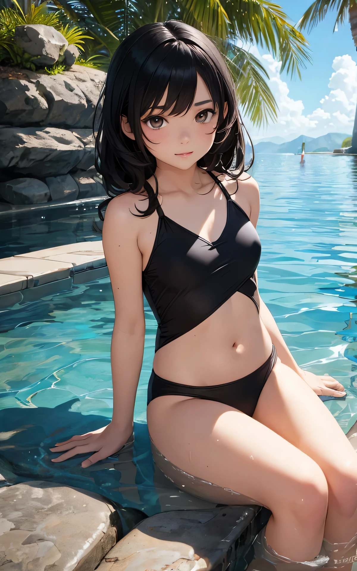 Unity 16K Wallpaper, Masterpiece, Best Quality, Ultra-Detailed, Extremely Detailed CG, Caustics, Cinematic Lighting, Detailed, Beautiful Detailed Eyes, 1girl, brown eyes, adorable, photorealistic, small breasts, (young girl, swimsuit, beautiful black hair:1.3, 10 year old girl:1.3), outdoor pool, portrait, arms behind back, dutch angle, forehead, upturned eyes, smug, sitting
