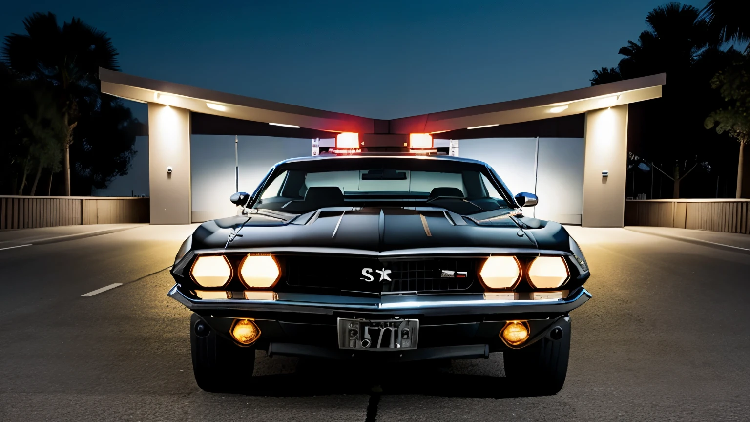 Parking structure setting with 70's camero with police lights