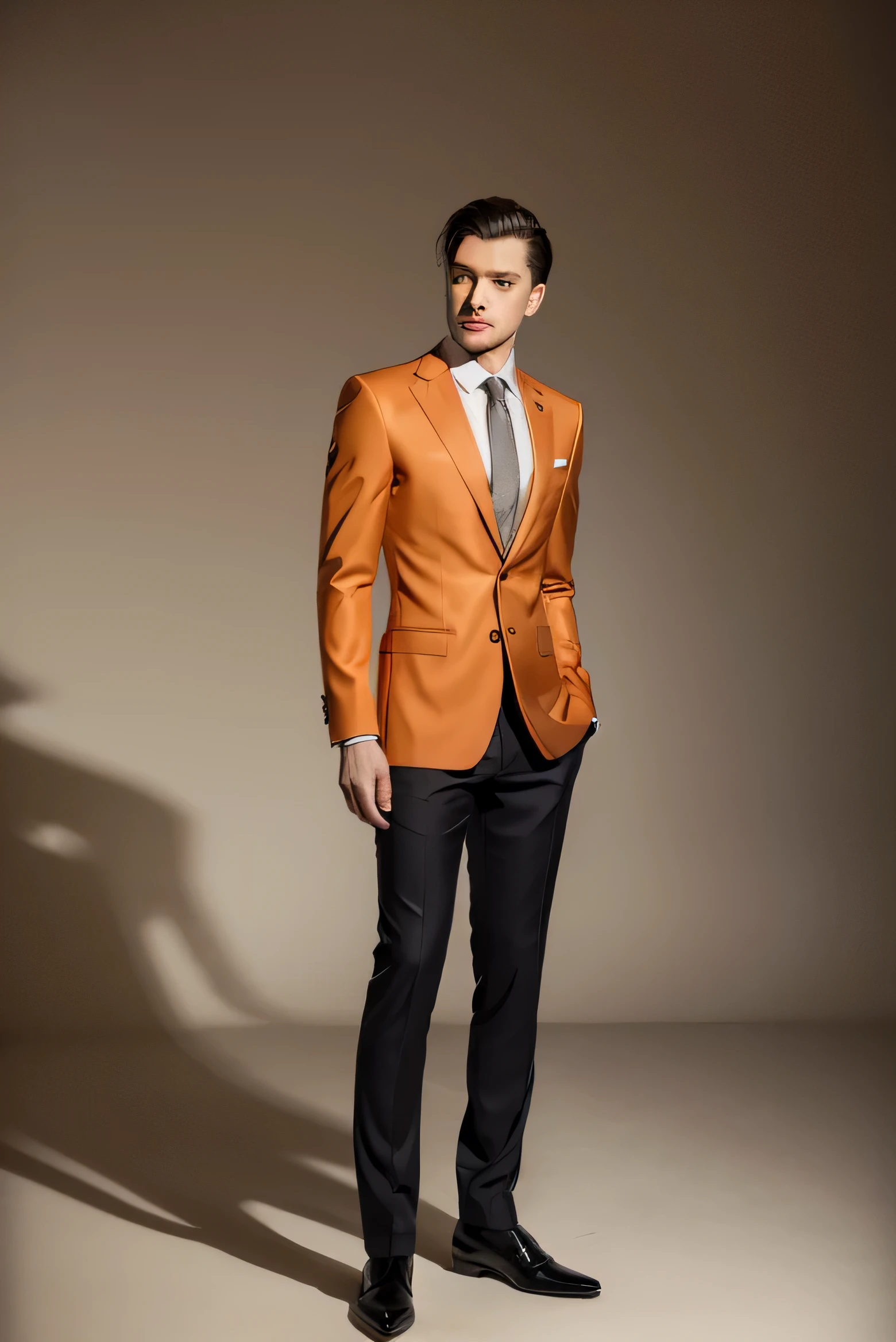 Best quality men&#39;s suits，suit，suit，A full-body view from head to toe，design diagram，Renderings，Style drawing，upscale，high-end，atmosphere，actual，orange color