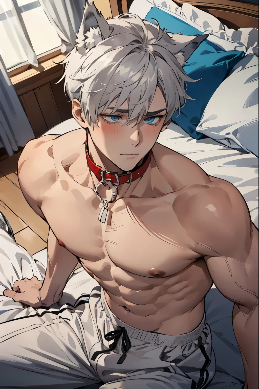 horny boy, male,Muscle tissue发达, very short gray hair, wolf ears,wolf tail,blue eyes, White skin, physical education students,love , Muscle tissue,abdominal muscles,take off your pants, shy expression, Sexy, Lying in bed,top view,Blushed,collar,Hands are tied,