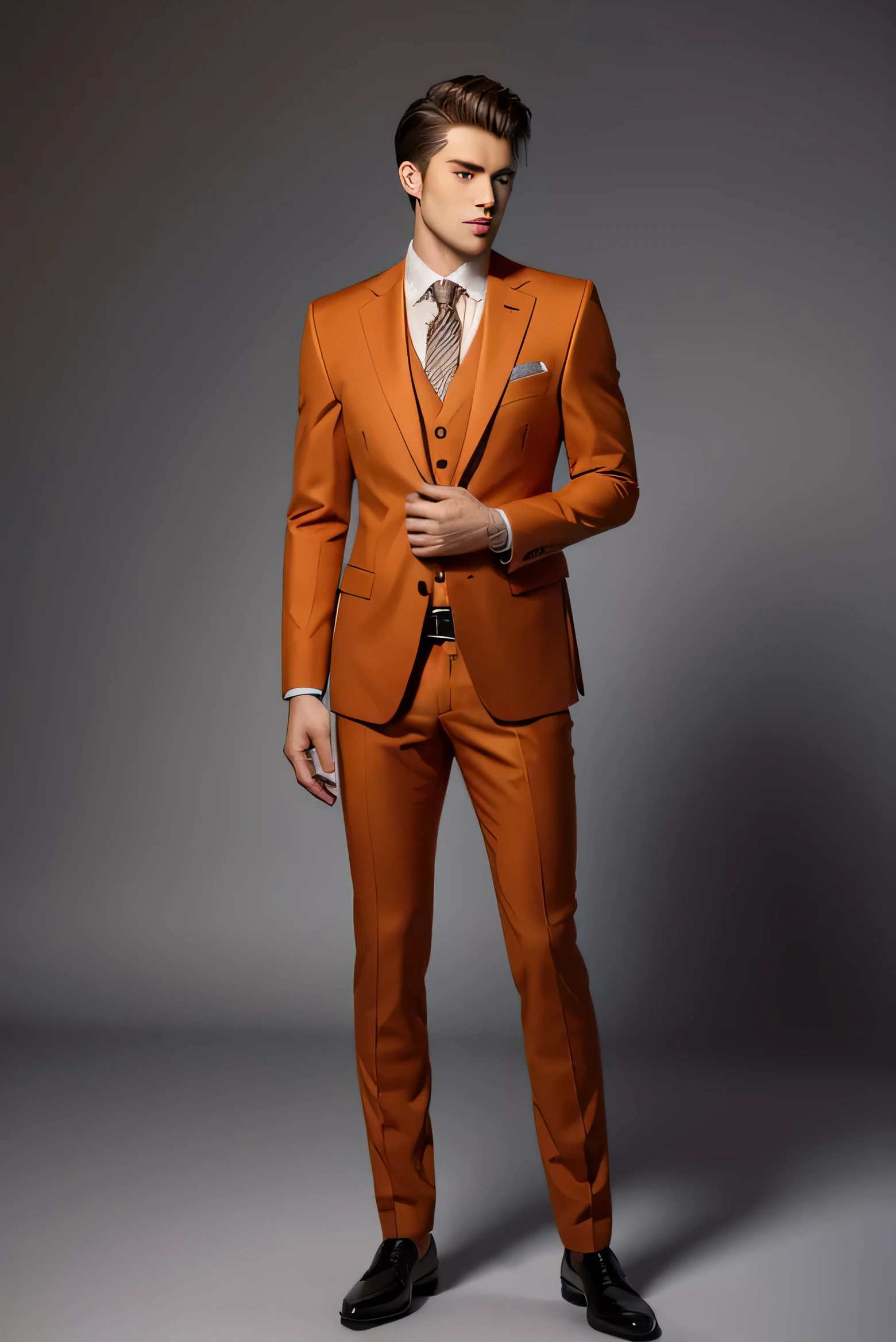 Best quality men's suits,suit,suit,A full-body view from head to toe,design diagram,Renderings,Style drawing,upscale,high-end,atmosphere,actual,orange color