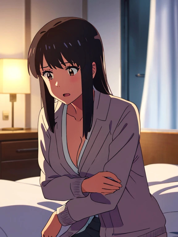 shinkai makoto, kimi no na wa., 1boy, buzzcut,office suit, boy caressing girl's body, kiss cheeks, passionate hug, boy is hugging from behind, 1girl, bangs, black hair, brown eyes, Twisted Half Up, red ribbon, long hair, long sleeve light pink cardigan, open shirt, yellow shirt, cleavage, breast, medium breast, bed room, night, lamp curtain, indoors, masterpiece, perfect anatomy, cowboyshot, open mouth,