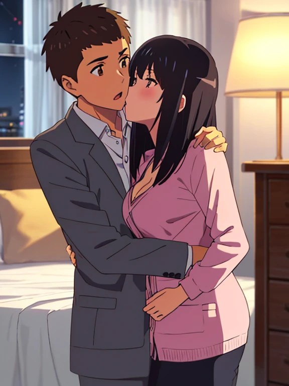 shinkai makoto, kimi no na wa., 1boy, buzzcut,office suit, boy caressing girl's body, kiss cheeks, passionate hug, boy is hugging from behind, 1girl, bangs, black hair, brown eyes, Twisted Half Up, red ribbon, long hair, long sleeve light pink cardigan, open shirt, yellow shirt, cleavage, breast, medium breast, bed room, night, lamp curtain, indoors, masterpiece, perfect anatomy, cowboyshot, open mouth,