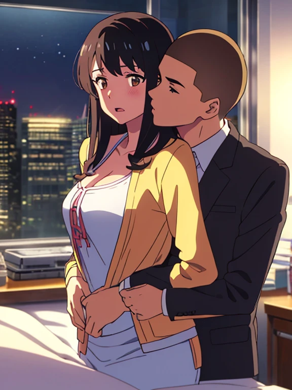 shinkai makoto, kimi no na wa., 1boy, buzzcut,office suit, boy caressing girl's body, kiss cheeks, passionate hug, boy is hugging from behind, 1girl, bangs, black hair, brown eyes, Twisted Half Up, red ribbon, long hair, long sleeve light pink cardigan, open shirt, yellow shirt, cleavage, breast, medium breast, bed room, night, lamp curtain, indoors, masterpiece, perfect anatomy, cowboyshot, open mouth,