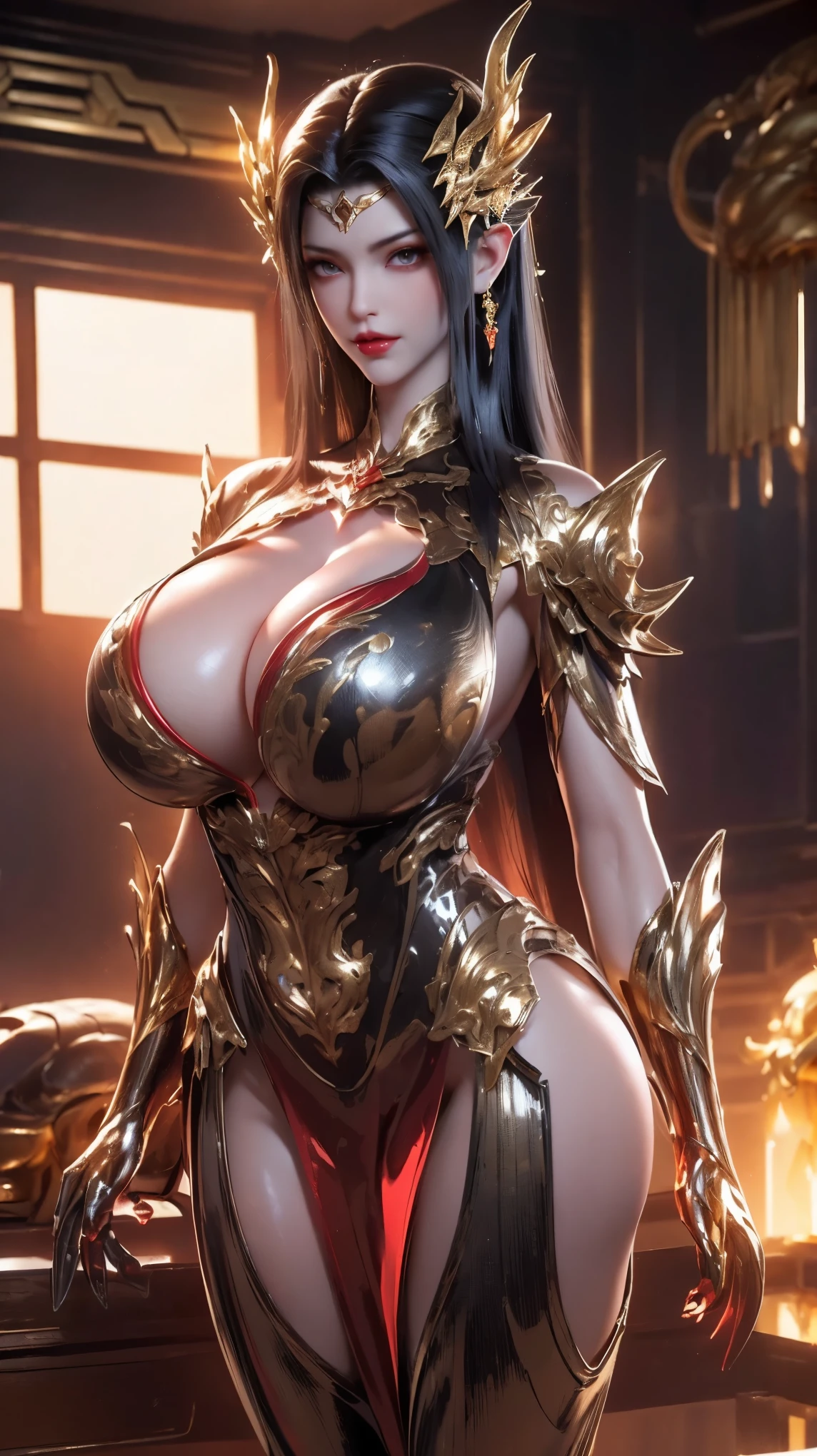 UPPER BODY,CLOSE UP HALF BODY,SOLO,(BEAUTY BLACK HAIRSTYLE,PHOENIX GOLD HELM), (GIGANTIC FAKE BREAST,CLEAVAGE,MUSCLE ABS:1.5), (WEARING RED AND BLACK MECHA SHINY HOLY MECHA SKINTIGHT MINI BIKINI:1.5),(NSFW SLENDER BODY MATURE WOMAN:1.5), (SWEATY GLOSSY BODY:1.5), (LOOKING AT VIEWER:1.3),(HALLROOM OF FUTURISTIC SPACE STATION:1), (PHOTOREALSITIC:1.4), (ULTRA-DETAILLIERT), (TOP-QUALITY), (BEST SHADOWS), (​MASTERPIECE), BRIGHT LIGHT IN ROOM, HYPER TEXTURE, (4X MSAA), ((UNREAL ENGINE 5 RENDER)), PHYSICALLY-BASED RENDERING, ULTRA HIGHT DEFINITION, 16K, 1080P.