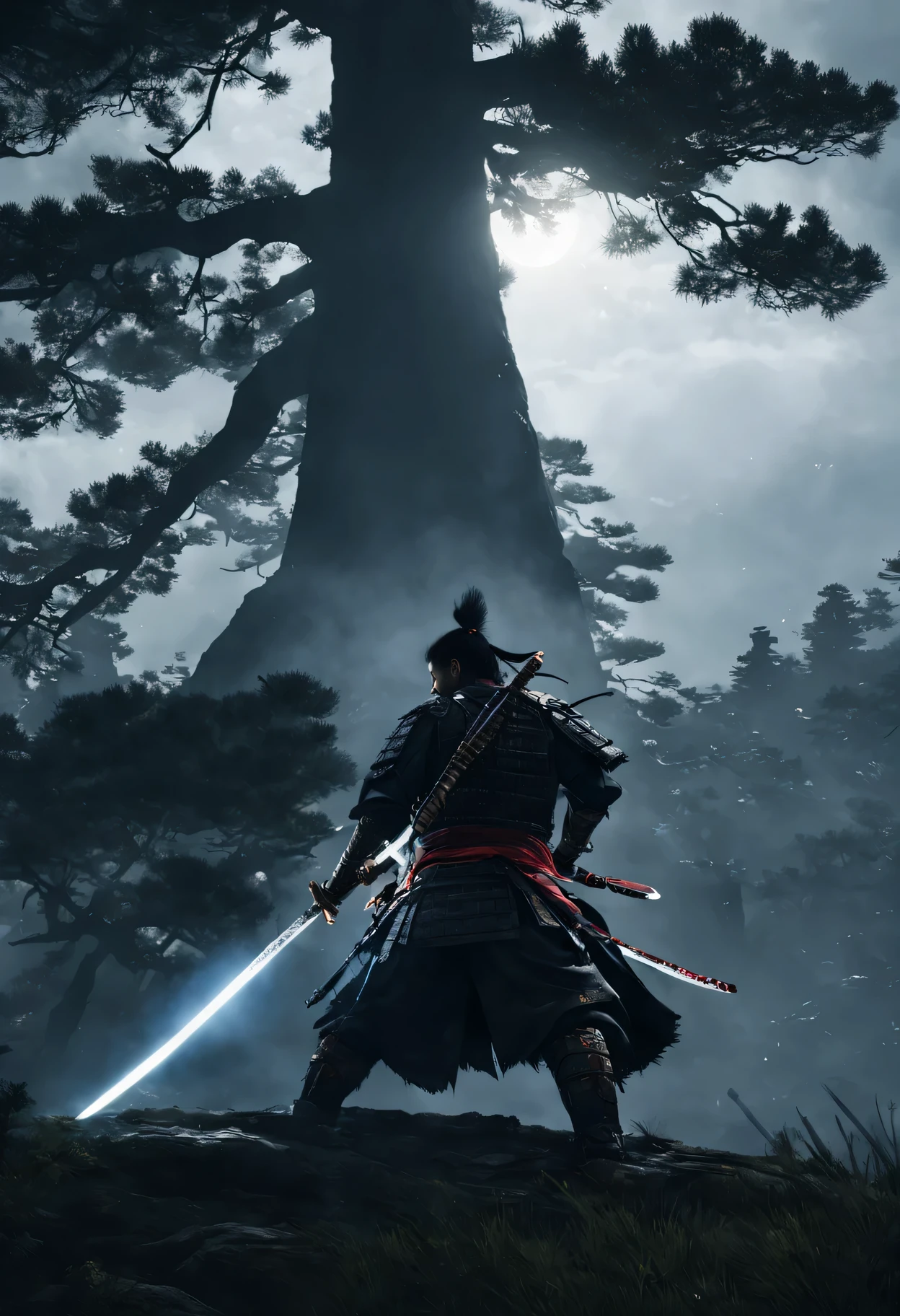 warrior, Japanese sword, armor, with a sword, light shining at the tip of the sword, tension, cloudy, pine trees, Ghost of Tsushima