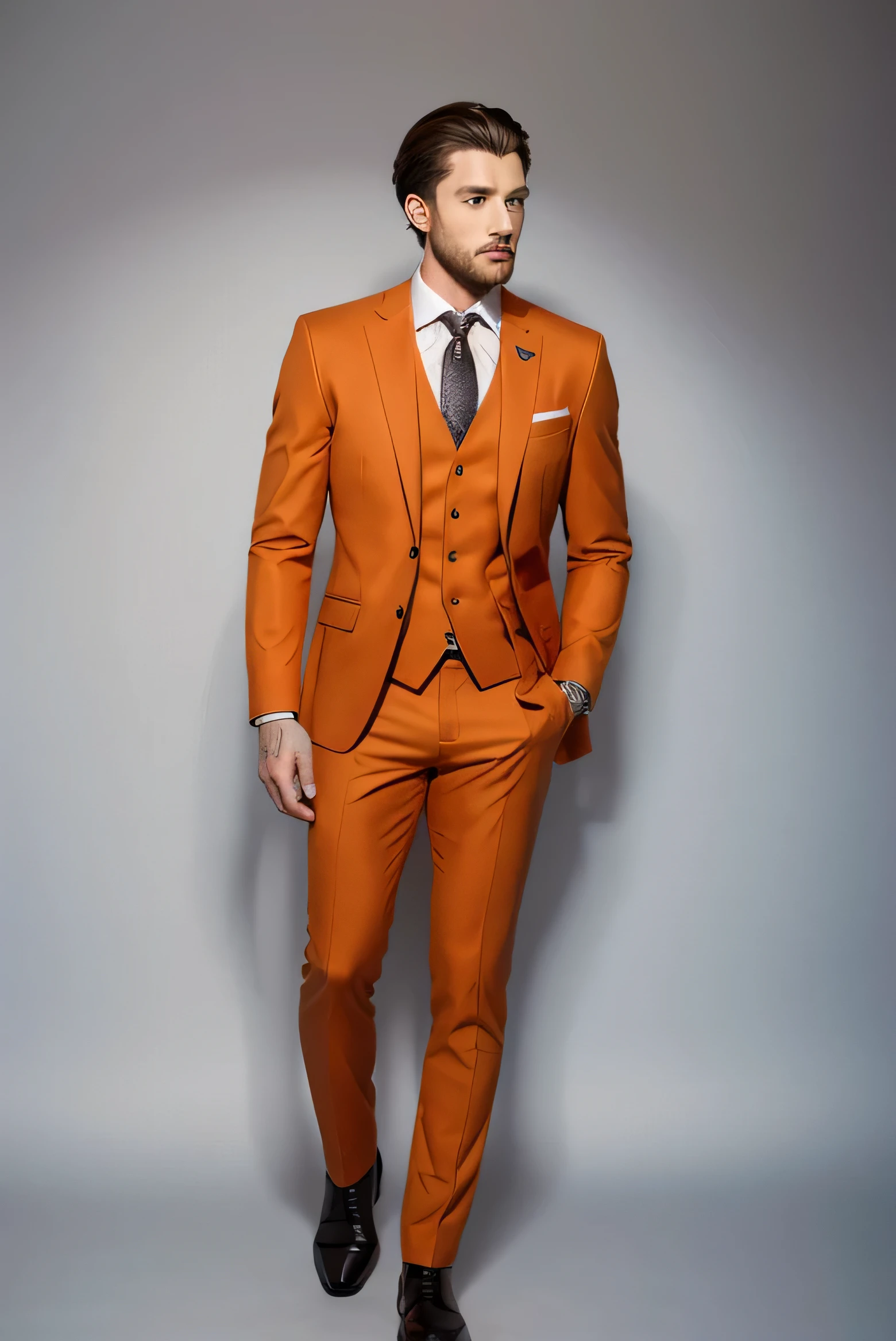 Best quality men's suits,suit,suit,A full-body view from head to toe,design diagram,Renderings,Style drawing,upscale,high-end,atmosphere,actual,orange