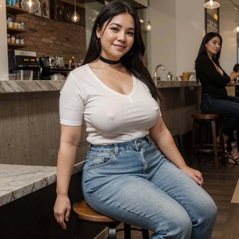 Chubby fat bbw white thai mature woman (60 years old), chubby belly, long straight black hair, wearing blue jeans and white shirt v-neck, black choker necklace, sitting in coffee shop, smiley expression, full body picture, view from the side