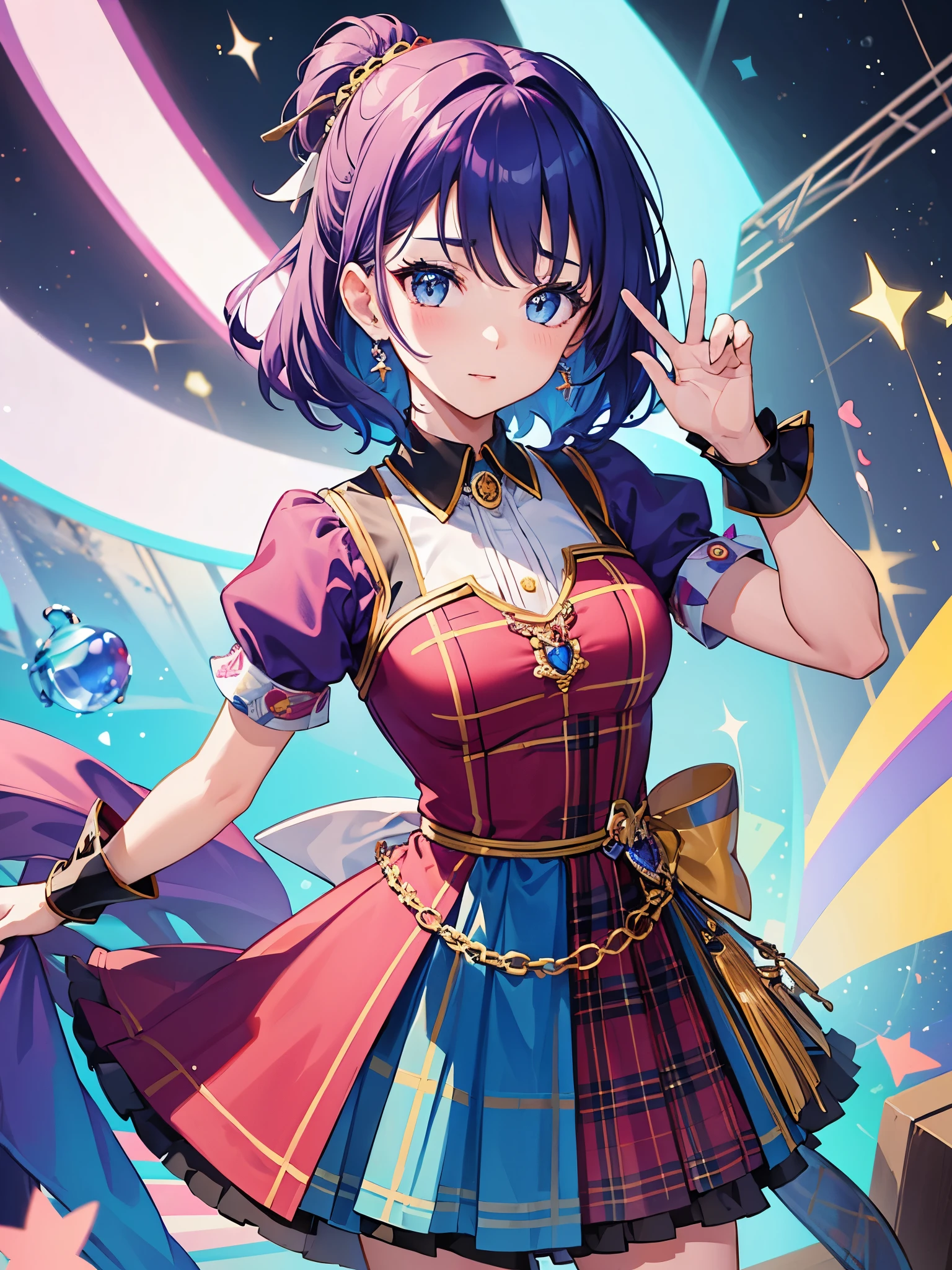 1girl, colorful hair, colorful eyes, ((scottish style dress)), ((idol)), magical girl