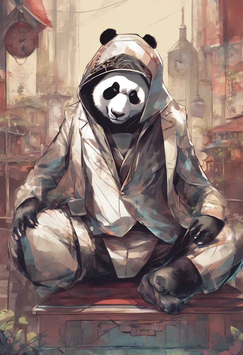 anthropomorphic panda, de cuerpo entero, vestido formalmente con un blazer, sostiene una bandeja, pegatina de panda, sticker de panda.