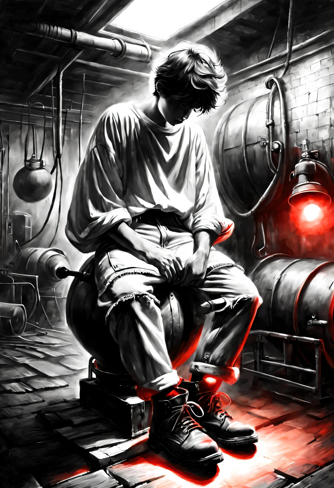 (Graphite painting), (Boy sitting cross-legged in basement，Staring at a big old iron pot), (There is an oversized knife in the old old iron pot: 1.2) (Wearing a white crew neck shirt and jeans), (stubbornly curled up into a short), decadent and lazy, (perfect face), moving shoes, (Industrial lights on the roof emit a faint red light: 1.34),
background: many, many旧酒瓶和玻璃杯在地下室飞扬, The walls are tattered, industrial style, retro shabby,
90's anime style, Bold silhouettes, Graphic arts, line art, black and white, line art with pen pressure, Pen pressure sketch, Calligraphy pen with pen pressure, G pen style，With pen pressure, Hand drawn thick lines, high contrast, IG model,