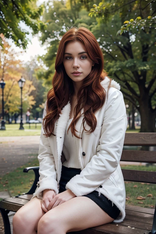Ultra realistic, 23 year old Swedish female, dyed red hair, medium length extremely curly layered hairstyle, bright blue eyes, sad face, high cheek bones, defined jawline, pale skin tone, brown bushy eye brows, long eyelashes, narrow nose, shot on a Canon EOS R6 Mark, sitting on park bench, legs crossed, full frontal, full body shot, wearing a heavy fur jacket, beautiful park landscape, bright white trees, snow covered 