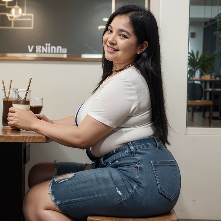 Chubby fat bbw white thai mature woman (60 years old), chubby belly, long straight black hair, wearing blue jeans and white shirt v-neck, black choker necklace, sitting in coffee shop, smiley expression, full body picture, view from the side