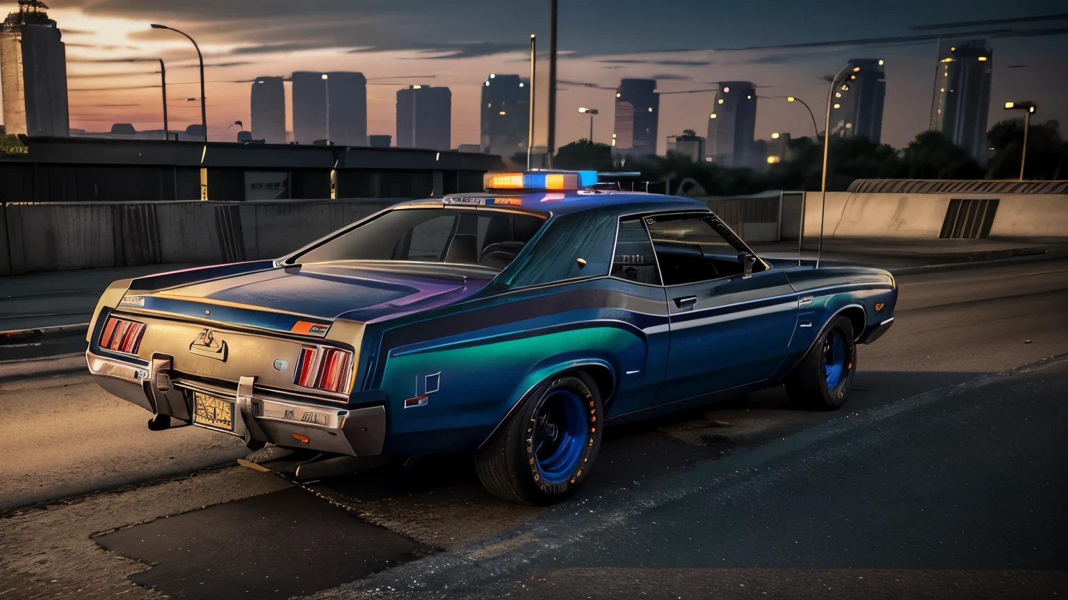 (high quality,4k,8k,highres,masterpiece:1.2),ultra-detailed,(realistic,photorealistic,photo-realistic:1.37),retro,70's,highly detailed wallpaper,parking structure setting,70's muscle police car,vivid colors,studio lighting,long shadows,shiny metallic car body,glimmering chrome details,sunlight peeking through the rooftop,tall concrete pillars,sprawling cityscape in the background,graffiti-covered walls,cracked asphalt ground,neon signs reflecting off glossy surface,paint peeling off walls,scattered trash cans surrounded by discarded papers,crushed soda cans and cigarette butts,faded painted lines marking parking spaces,flashing police sirens casting alternating red and blue lights,on-duty police officer leaning against the car,classic police uniform with aviator sunglasses,worn-out leather seat inside the car,glowing dashboard filled with buttons and gauges,gritty atmosphere,hazy sunset,deep orange and purple color scheme,old-fashioned lampposts illuminating the scene