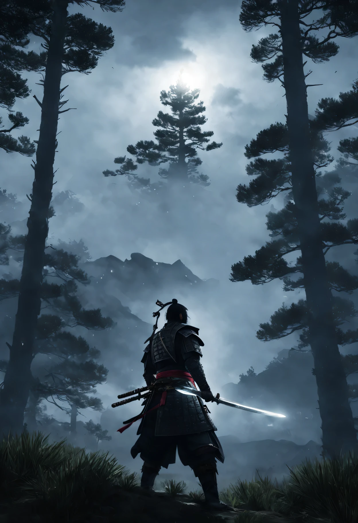 warrior, Japanese sword, armor, with a sword, light shining at the tip of the sword, tension, cloudy, pine trees, Ghost of Tsushima