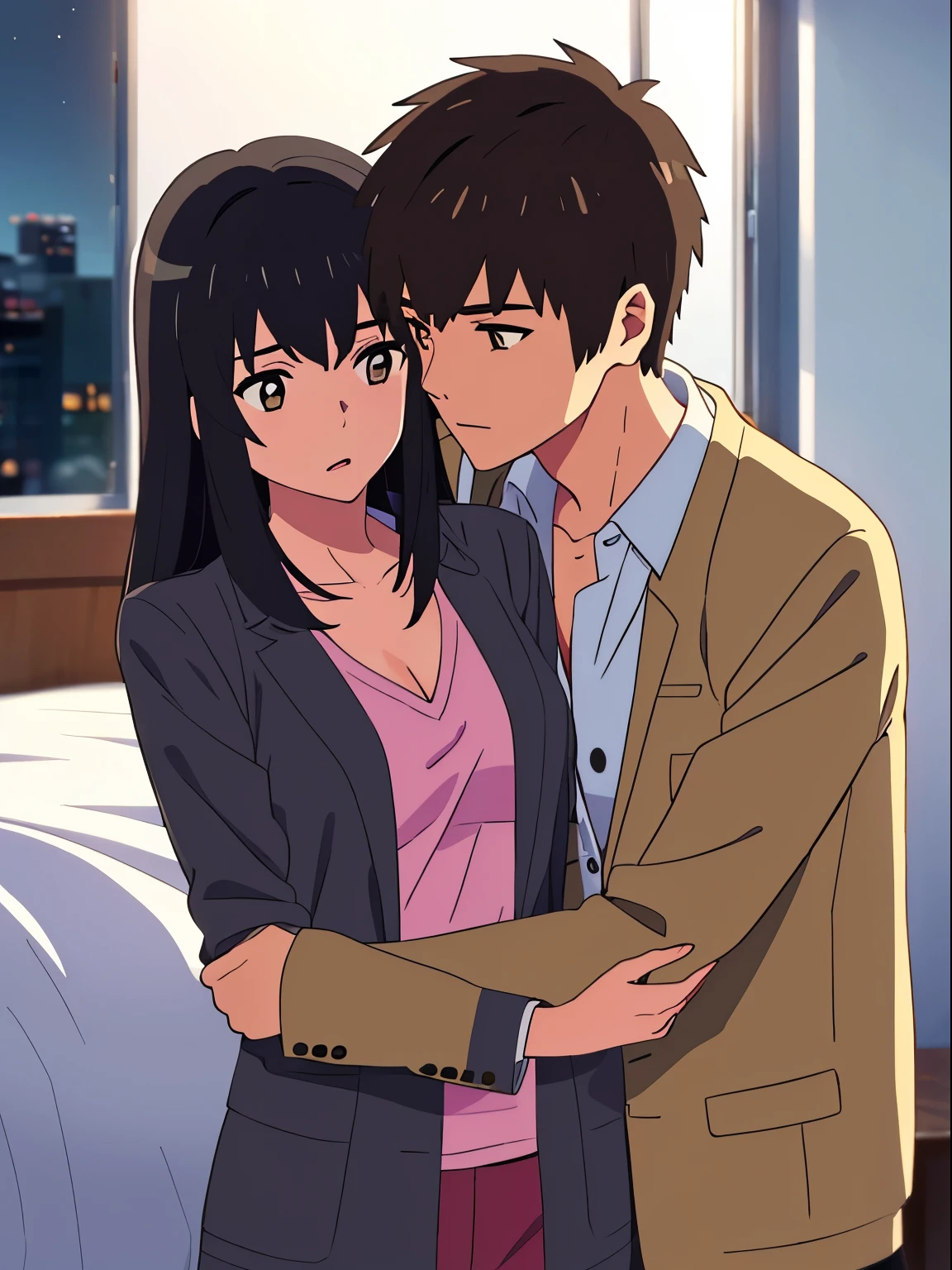 shinkai makoto, kimi no na wa., 1boy, buzzcut,office suit, boy caressing girl's body, sexual harassment, passionate hug, 1girl, bangs, black hair, brown eyes, open mouth, Twisted Half Up, red ribbon, long hair, long sleeve light pink cardigan, open shirt, yellow shirt, cleavage, breast, medium breast, bed room, night, lamp, curtain, indoors, masterpiece, perfect anatomy, cowboyshot, 