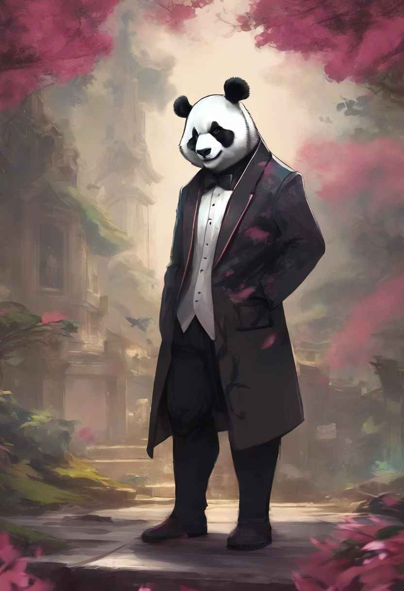 anthropomorphic panda, de cuerpo entero, vestido formalmente con un blazer, sostiene una bandeja, pegatina de panda, sticker de panda.
