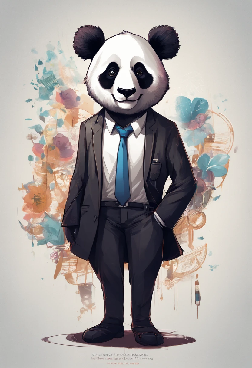 anthropomorphic panda, de cuerpo entero, vestido formalmente con un blazer, sostiene una bandeja, pegatina de panda, sticker de panda.