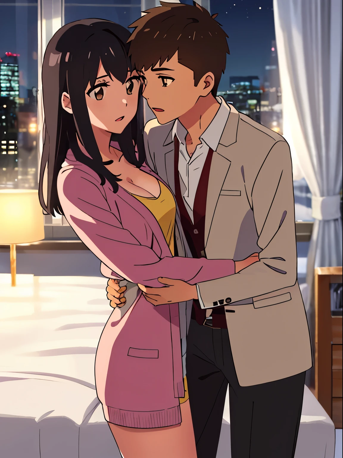 shinkai makoto, kimi no na wa.,1boy, buzzcut,, boy is front of girl, passionate hug, face press on the chest, sniffing chest, kiss chest, 1girl, bangs, black hair, blush, brown eyes, looking at the viewer, indoors, short hair, open mouth, white long sleeve shirt, unbuttoned shirt, open shirt, pink nippdium breast, nigdroom, sit on bed
