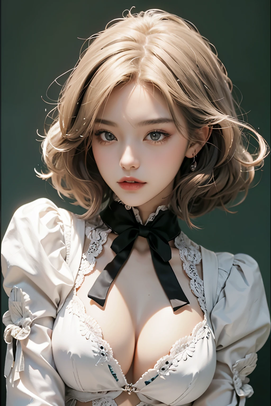 yorha no. 2 type b, 1girl in, Black cloth covers the eyes, Breasts, cleavage, cleavage cutout, Clothing cutting, Green background, hair between eye, shairband, A high resolution, Juliet sleeves, Long sleeves, Puffy sleeves, Red lips, shaded face, Short hair, Solo, high-necked, Upper body, White hair, Background forest　废墟　knifes