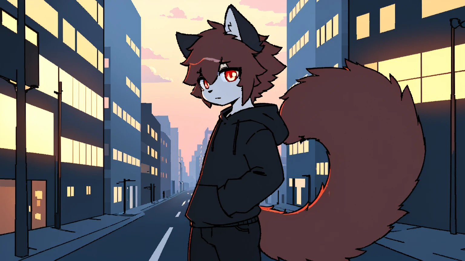 on a deserted street，city background，detailed background，meticulous details，best quality，Detailed light，4K,8K，solo，dusk，Cat，Delicate hair，red pupils，Black sweatshirt，big tail，Pocket，Black pants with blue pattern，The cloudy，Tyndall Light，dusk