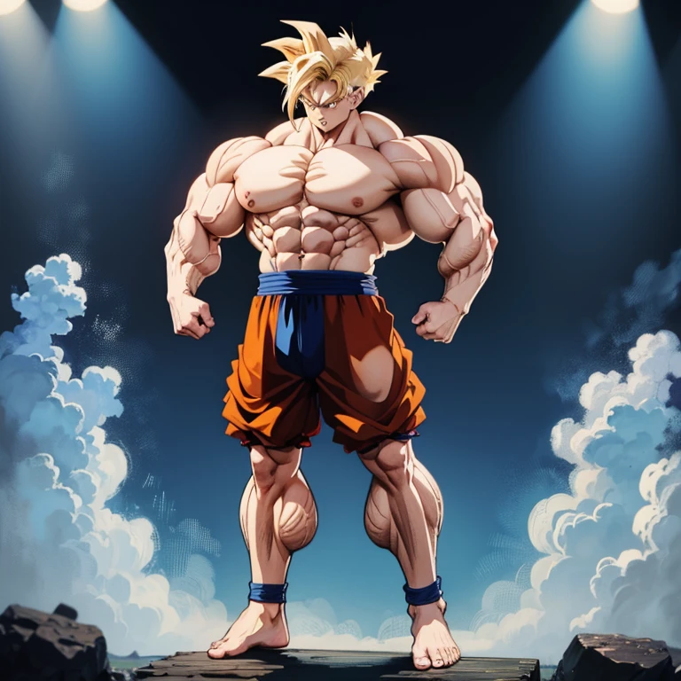 Anime-Stil , High quality full body image of Goku as a bodybuilder, Er&#39;Ich trage nur einen Tanga , ohne Schuhe, Feet, bare Feet, massive muscular body, huge muscular shoulders, Massive big biceps, Venen im Bizeps, Muskelbeine, massive muscular abs, Bizepsflex. posierend, Sie schwitzt, very muscular, The toned body shines in the spotlight, he is standing on a stage, much muscular sexy, Bodybuilding-Pose