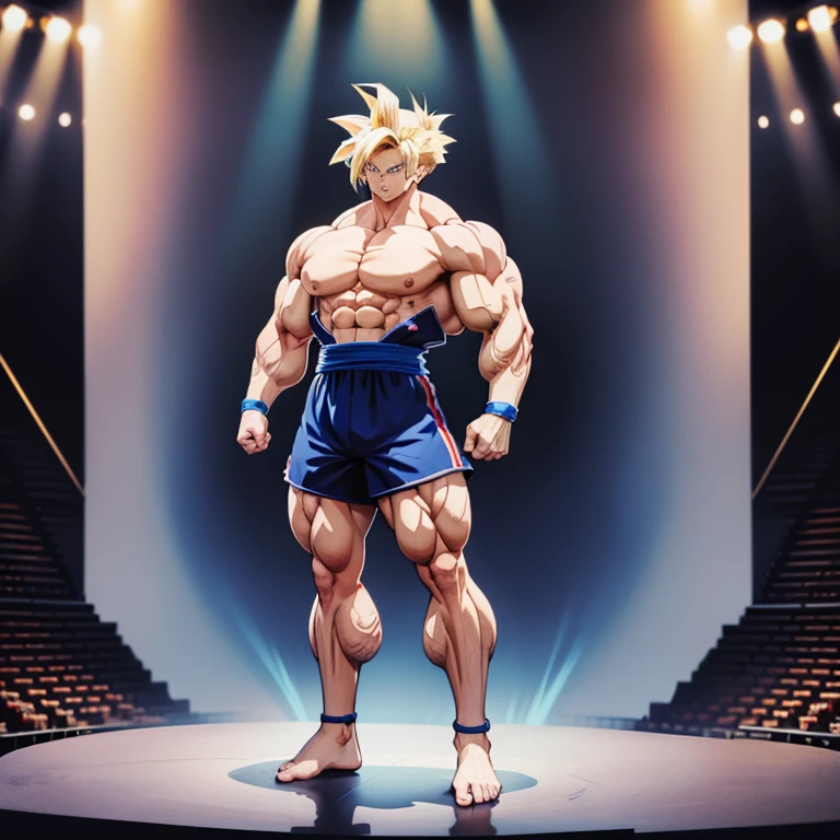 Anime-Stil , High quality full body image of Goku as a bodybuilder, Er'Ich trage nur einen Tanga , ohne Schuhe, Feet, bare Feet, massive muscular body, huge muscular shoulders, Massive big biceps, Venen im Bizeps, Muskelbeine, massive muscular abs, Bizepsflex. posierend, Sie schwitzt, very muscular, The toned body shines in the spotlight, he is standing on a stage, much muscular sexy, Bodybuilding-Pose