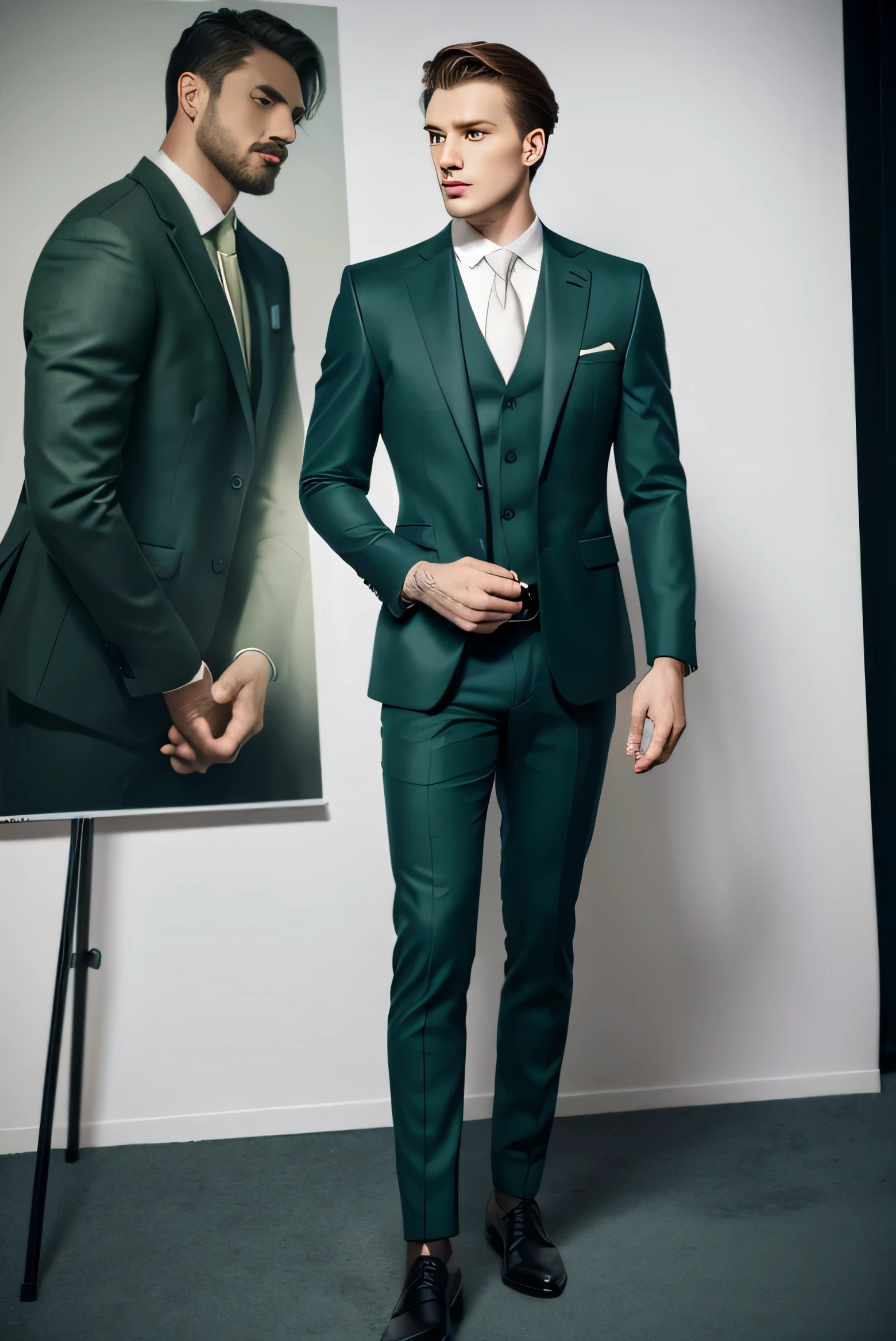 Best quality men&#39;s suits，suit，suit，A full-body view from head to toe，design diagram，Renderings，Style drawing，upscale，high-end，atmosphere，Dark Green