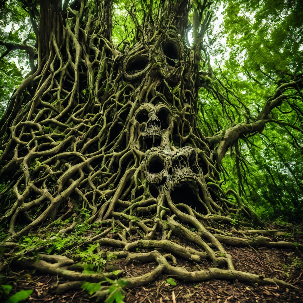 a monster,(((tree monster))),(moving decaying wood),moving tree with skeletons, dead rotting skin on the face,detailed rotting peeling dead skin,full body view,wide angle,(in the dark),overgrown tomb,woodland cemetery,