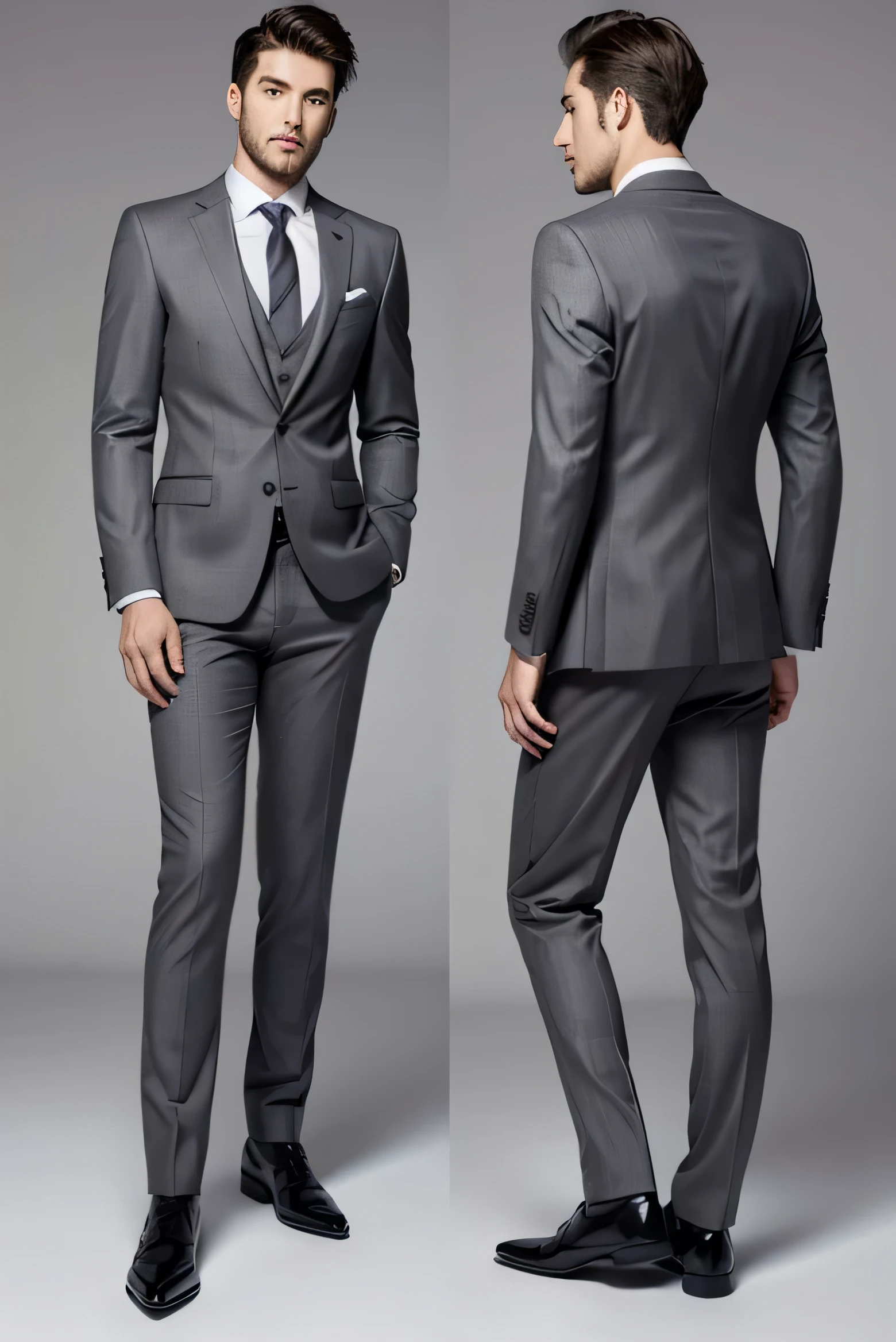 Best quality men's suits,suit,suit,A full-body view from head to toe,design diagram,Renderings,Style drawing,upscale,high-end,atmosphere,Premium gray