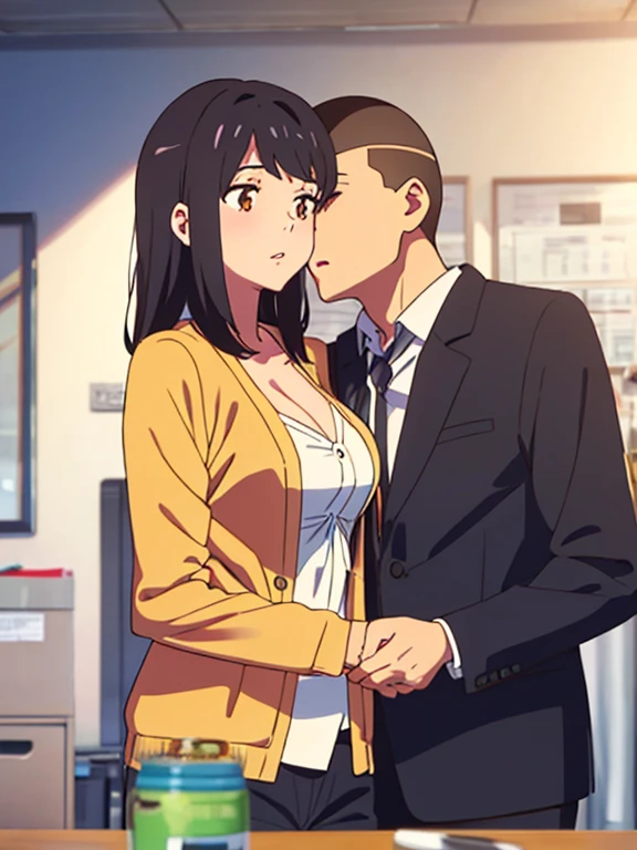 shinkai makoto, kimi no na wa., 1boy, buzzcut,office suit, boy caressing girl's body, kiss cheeks, passionate hug, boy is hugging from behind, 1girl, bangs, black hair, brown eyes, parted lips, Twisted Half Up, red ribbon, long hair, long sleeve light pink cardigan, open shirt, yellow shirt, cleavage, breast, medium breast, storage room, indoors, masterpiece, perfect anatomy, cowboyshot