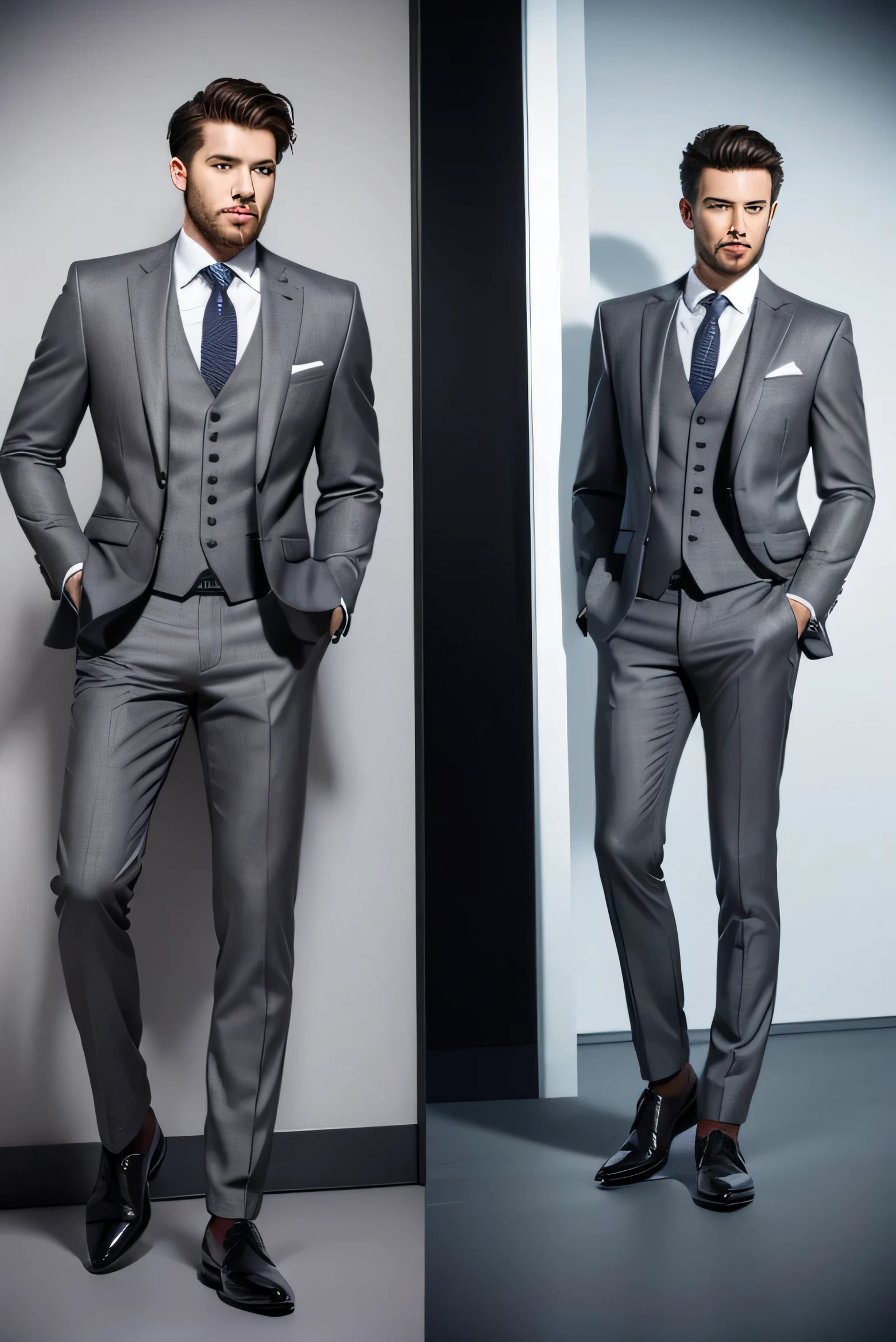 Best quality men&#39;s suits，suit，suit，A full-body view from head to toe，design diagram，Renderings，Style drawing，upscale，high-end，atmosphere，Premium gray