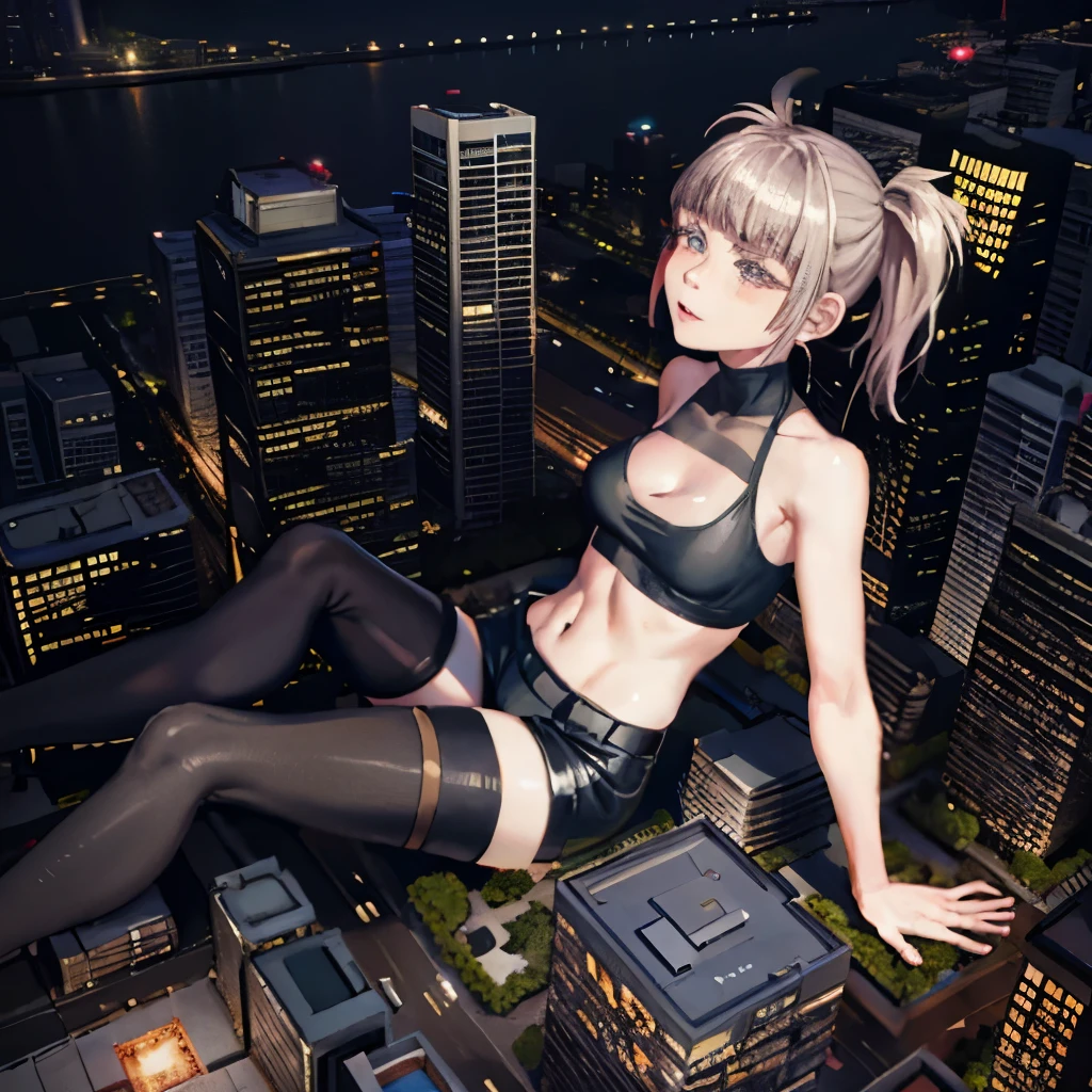 Ancient aerial view, giantess art, highly detailed giantess shot, Giant, short hair, black pantyhose, Huge high school girl bigger than a skyscraper, black vest, black pantyhose, pantyhose soles, pantyhose toes, thighhighs, navel, bare shoulders, shorts, sleeveless, midriff, belt, black thighhighs, crop top, groin, short shorts, clothing cutout, turtleneck, black shorts, cleavage cutout, tank top, sleeveless turtleneck非常小的大都市, Trying to destroy a miniature metropolis, full body depiction, governor, giga giantess, female giant, black pantyhose, Pantyhose feet, pantyhose soles, stomping city, Collapse city, small city, micro city, nanakusa nazuna, night, Lying in the city, Surrealism