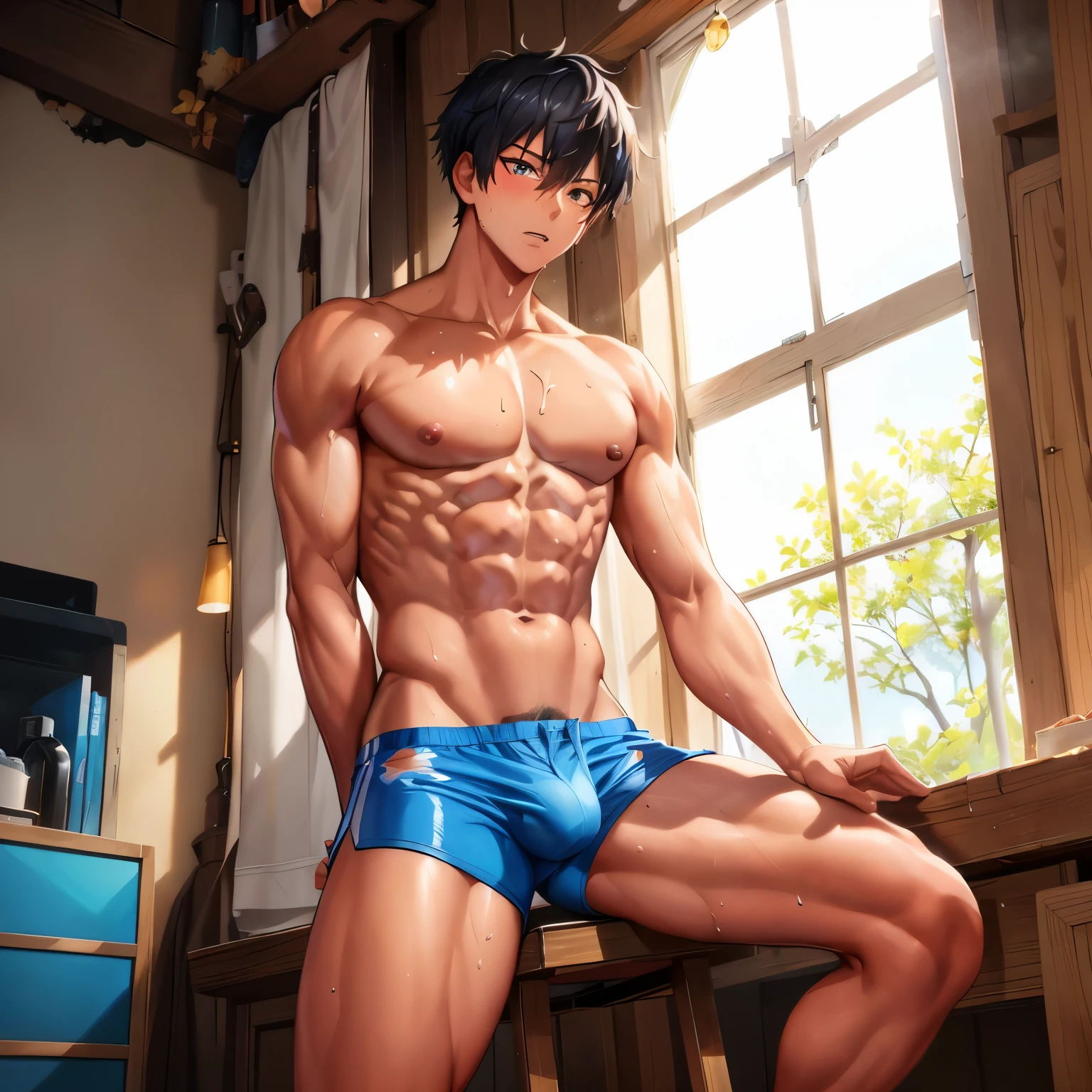 Anime character wearing blue pants posing in front of the window, Handsome anime pose, muscular!，anime handsome guy, muscular!, Smooth anime