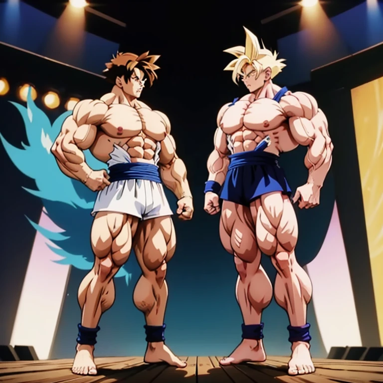 Anime-Stil , High quality full body image of Goku as a bodybuilder, Er&#39;Ich trage nur einen Tanga , ohne Schuhe, Feet, bare Feet, massive muscular body, huge muscular shoulders, Massive big biceps, Venen im Bizeps, Muskelbeine, massive muscular abs, Bizepsflex. posierend, Sie schwitzt, very muscular, The toned body shines in the spotlight, he is standing on a stage, much muscular sexy, Bodybuilding-Pose