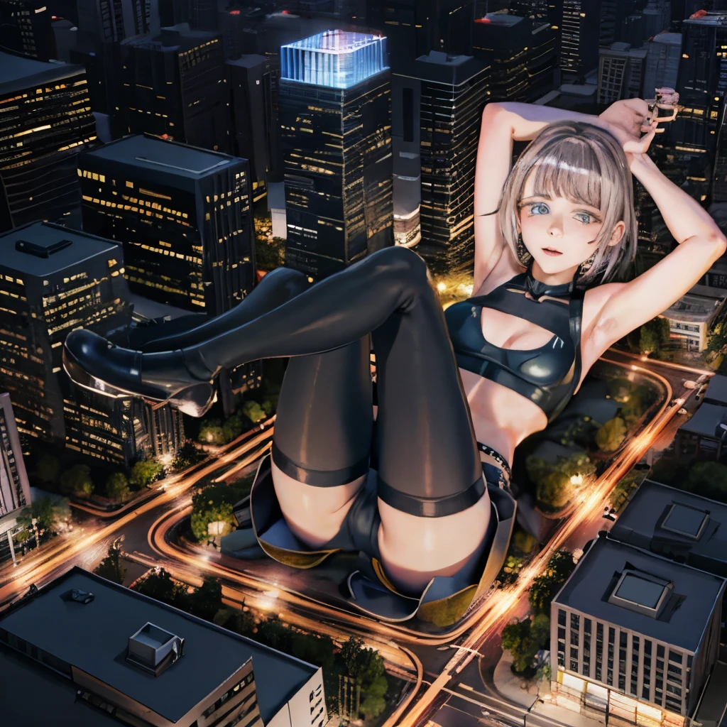 Ancient aerial view, giantess art, highly detailed giantess shot, Giant, short hair, black pantyhose, Huge high school girl bigger than a skyscraper, black vest, black pantyhose, pantyhose soles, pantyhose toes, thighhighs, navel, bare shoulders, shorts, sleeveless, midriff, belt, black thighhighs, crop top, groin, short shorts, clothing cutout, turtleneck, black shorts, cleavage cutout, tank top, sleeveless turtleneck非常小的大都市, Trying to destroy a miniature metropolis, full body depiction, governor, giga giantess, female giant, black pantyhose, Pantyhose feet, pantyhose soles, stomping city, Collapse city, small city, micro city, nanakusa nazuna, night, Lying in the city, Surrealism