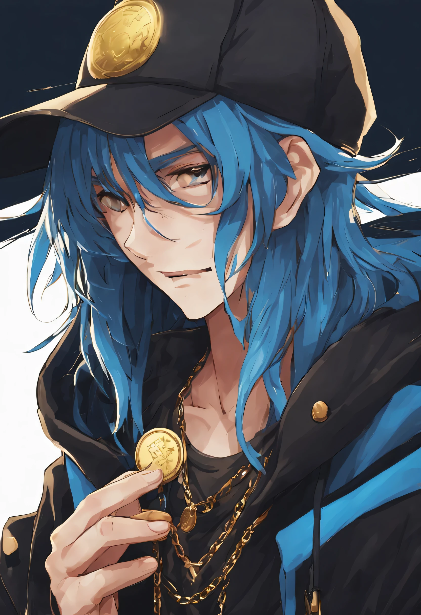 ultra-detailedd, anime, 1 guy, blue hair, long hair, from side, black cap, black hoodie, holding 1 gold coin