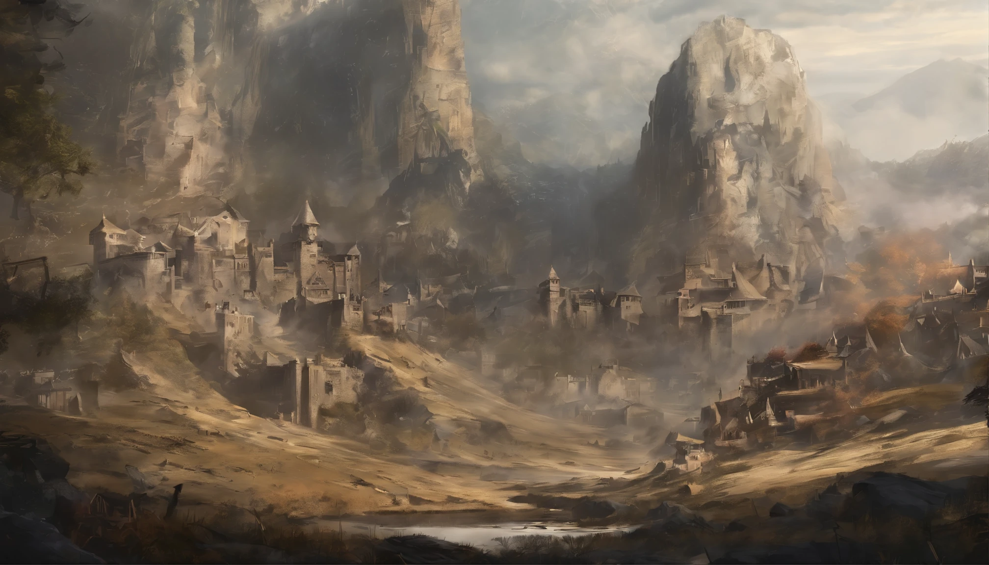 Close-up of medieval war scenes,There are no buildings,Remains of a cliff wall,run-down,desolate,nobody,Lifeless,The fighting was fierce,Spectacular,background with,in the wilderness,dusk,Medieval landscape,fantastic,4K,best quality,original,((Ultra-detailed and high-precision details)),Photo texture,Realism,细腻Light滑,Light