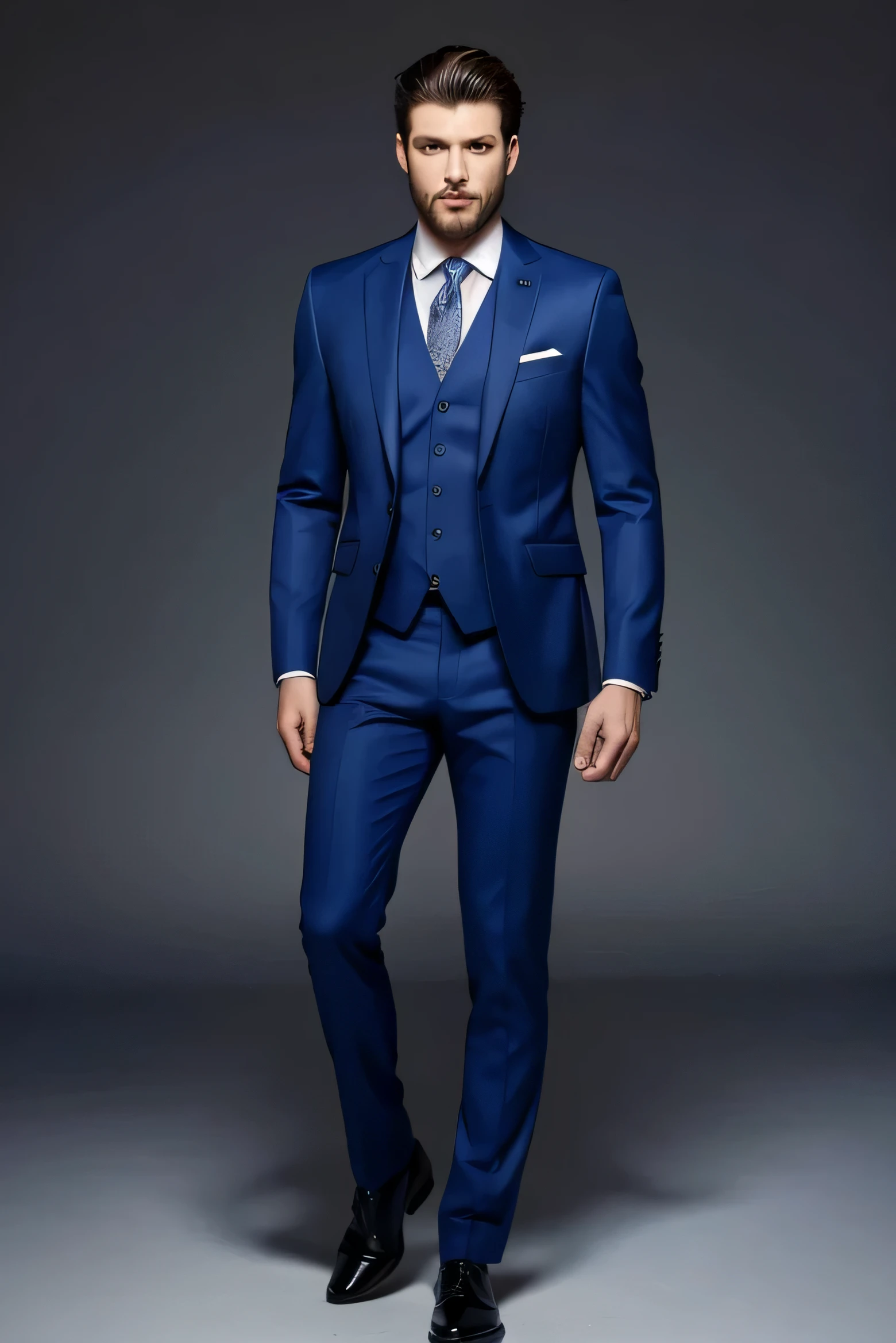 Best quality men's suits,suit,suit,A full-body view from head to toe,design diagram,Renderings,Style drawing,upscale,high-end,atmosphere,royal blue