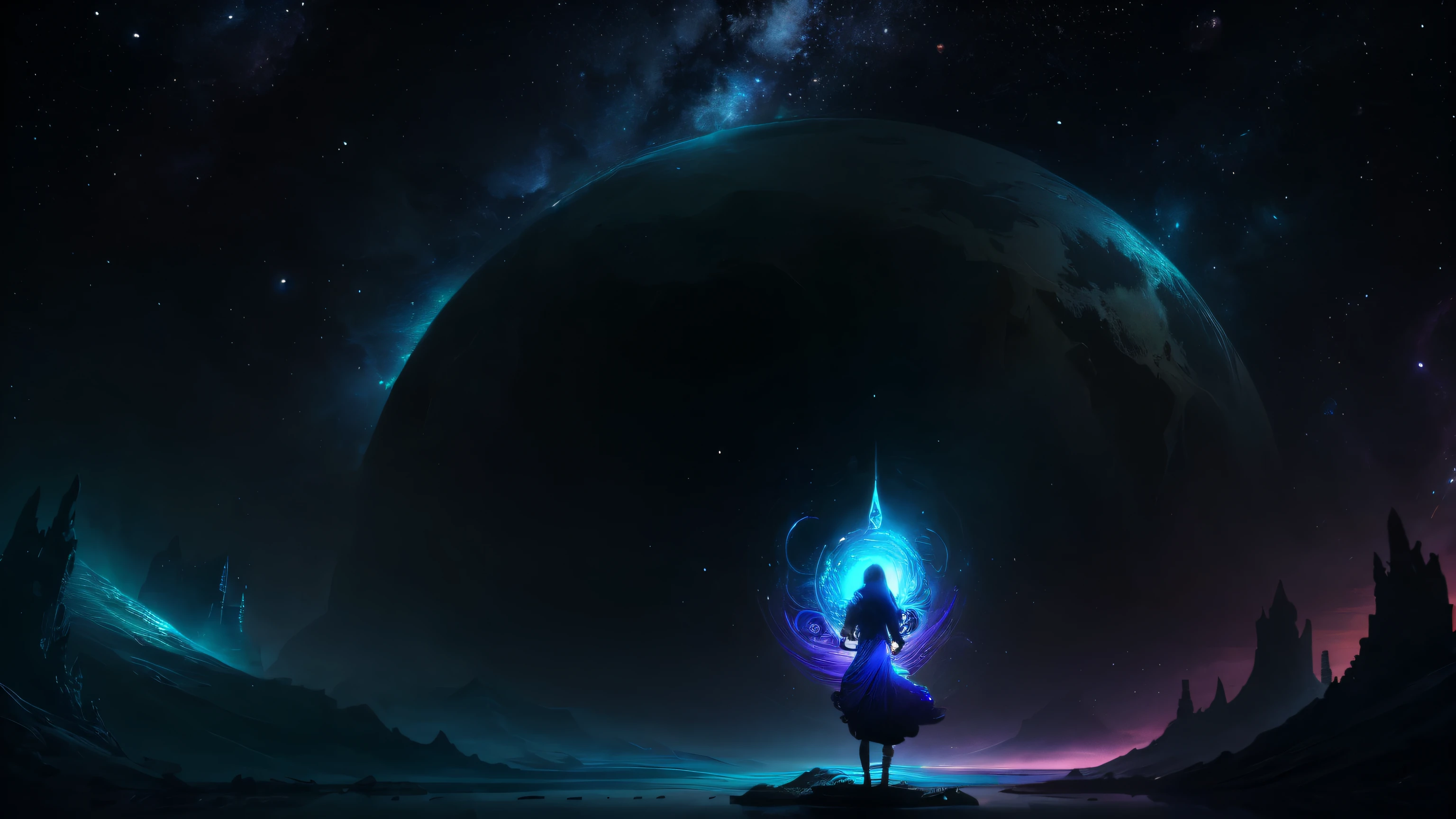 Crie uma imagem apresentando uma mulher de costas, situado numa vasta, mythologically inspired landscape, looking up at a majestic light in the expansive sky. Infuse the scene with mythological elements, drawing inspiration from ancient tales and symbols. Incorporate mythical creatures or symbolic motifs that enhance the fantastic atmosphere of the environment. Emphasize the grandeur of open space, creating a captivating and mystical environment. Use a color palette reminiscent of mythical kingdoms, with ethereal tones that evoke a sense of otherworldly beauty and mystery.