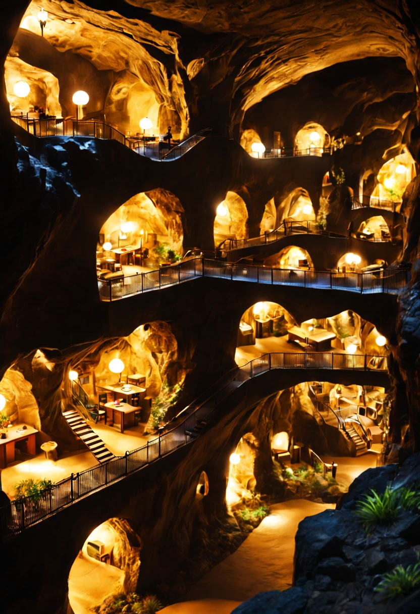 Underground cavern with a bustling miniature city inside with cozy lights and warm friendly feeling
