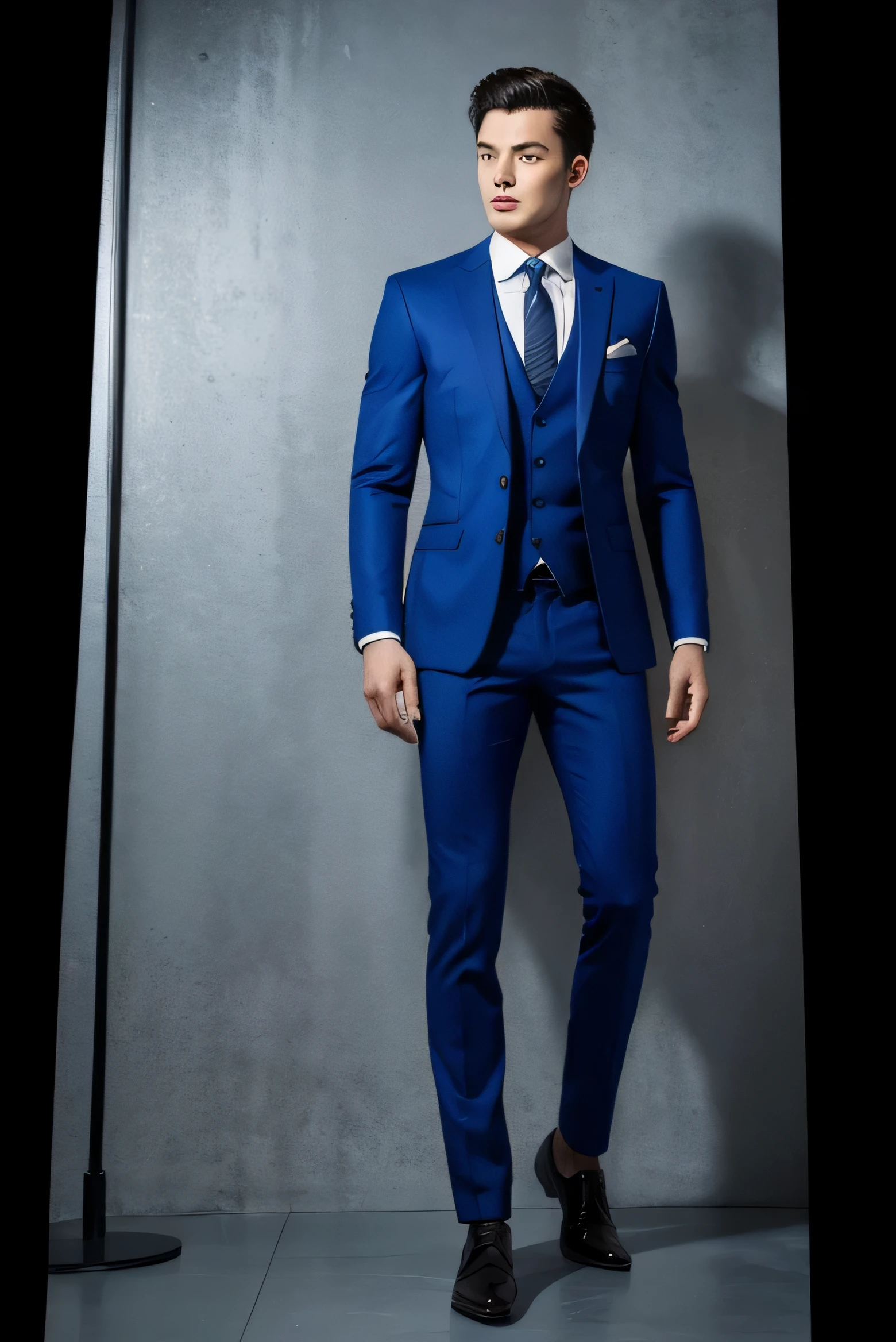 Best quality men's suits,suit,suit,A full-body view from head to toe,design diagram,Renderings,Style drawing,upscale,high-end,atmosphere,royal blue