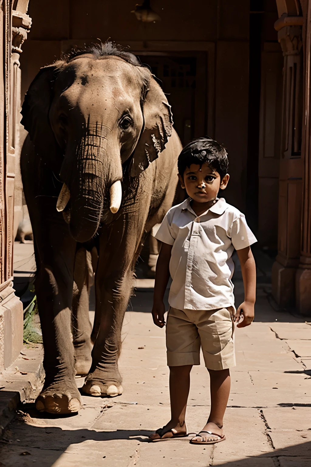 A one  Indian boy standing near a elephant royal look 