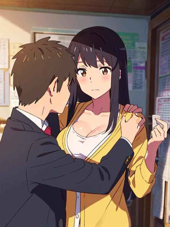 shinkai makoto, kimi no na wa., 1boy, buzzcut,office suit, boy caressing girl's body, sexual harassment, passionate hug, 1girl, bangs, black hair, brown eyes, Twisted Half Up, red ribbon, long hair, long sleeve light pink cardigan, open shirt, yellow shirt, cleavage, breast, medium breast, storage room, indoors, masterpiece, perfect anatomy, cowboyshot