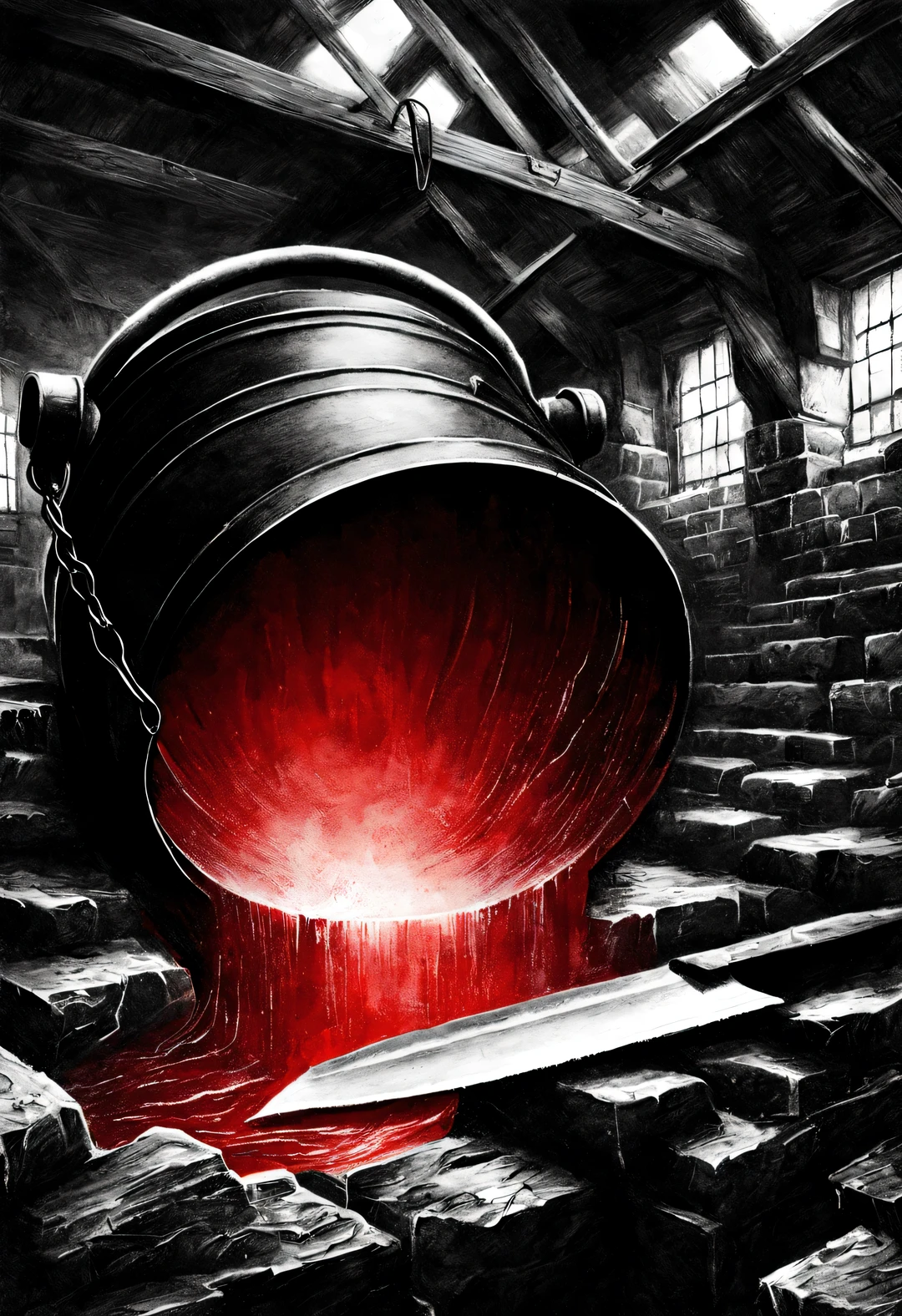 (Graphite painting), (A big old iron pot is boiling red water in the basement), There was a boy next to him, (There is a huge knife stuck in the broken iron pot: 1.2), (Boy stares at the big iron pot: 0.9), (Wearing a white crew neck shirt and jeans), sturdy curly shorts), decadent and lazy, (perfect face), sports shoes, (Industrial lights on the roof emit a dim, weak red light: 1.34),
background: many, many旧酒瓶和玻璃杯在地下室飞扬, The walls are tattered, industrial style, retro shabby,
90's anime style, Bold silhouettes, Graphic arts, line art, black and white, line art with pen pressure, Pen pressure sketch, Calligraphy pen with pen pressure, G pen style，With pen pressure, Hand drawn thick lines, high contrast, IG model,