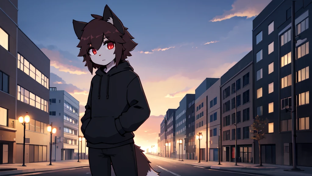 on a deserted street，city background，detailed background，meticulous details，best quality，Detailed light，4K,8K，solo，dusk，Cat，Delicate hair，red pupils，Black sweatshirt，big tail，Pocket，Black pants with blue pattern，The cloudy，Tyndall Light，dusk