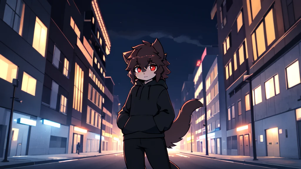 on a deserted street，city background，detailed background，meticulous details，best quality，Detailed light，4K,8K，solo，dusk，Cat，Delicate hair，red pupils，Black sweatshirt，big tail，Pocket，Black pants with blue pattern，The cloudy，Tyndall Light，dusk